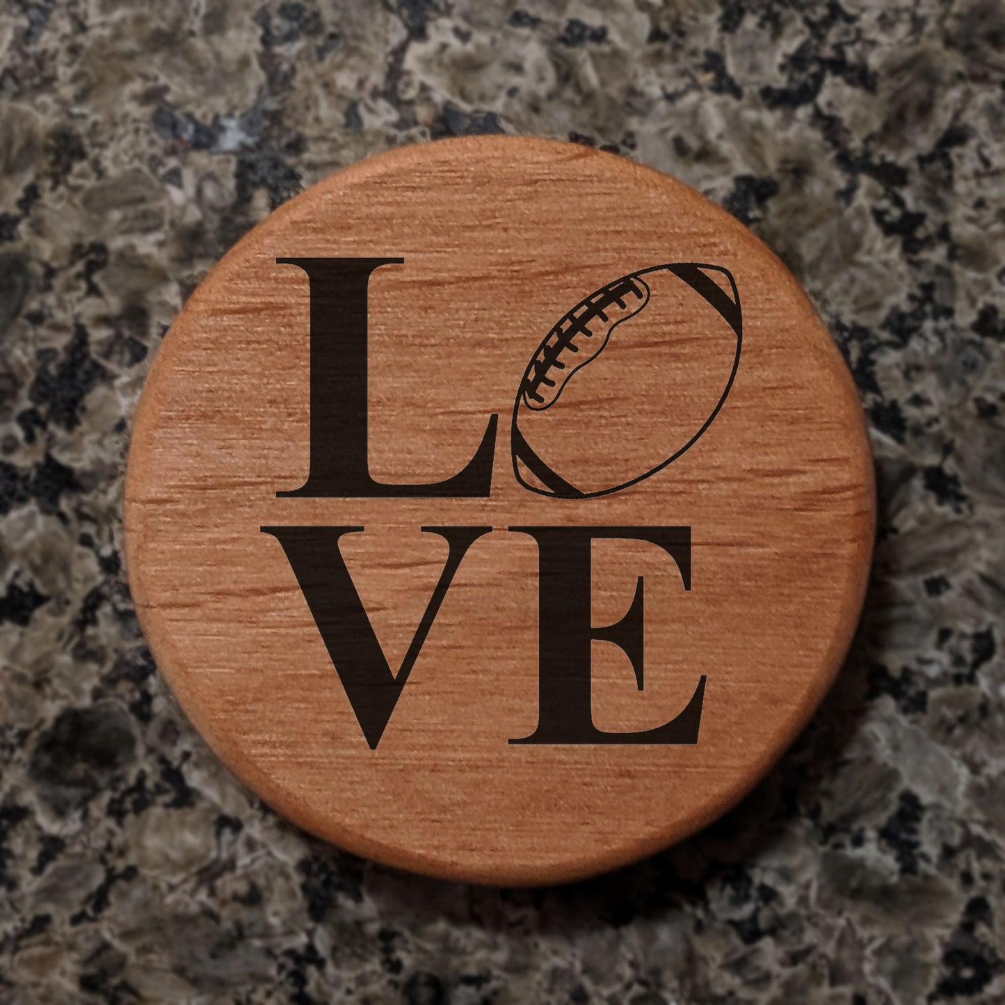 Love Football Bottle Opener - 3" Round Alder Wood with Metal Insert & Magnets - Perfect for Fridge, Kegerator, BBQ Grill - Laser Engraved Sports Design Gift