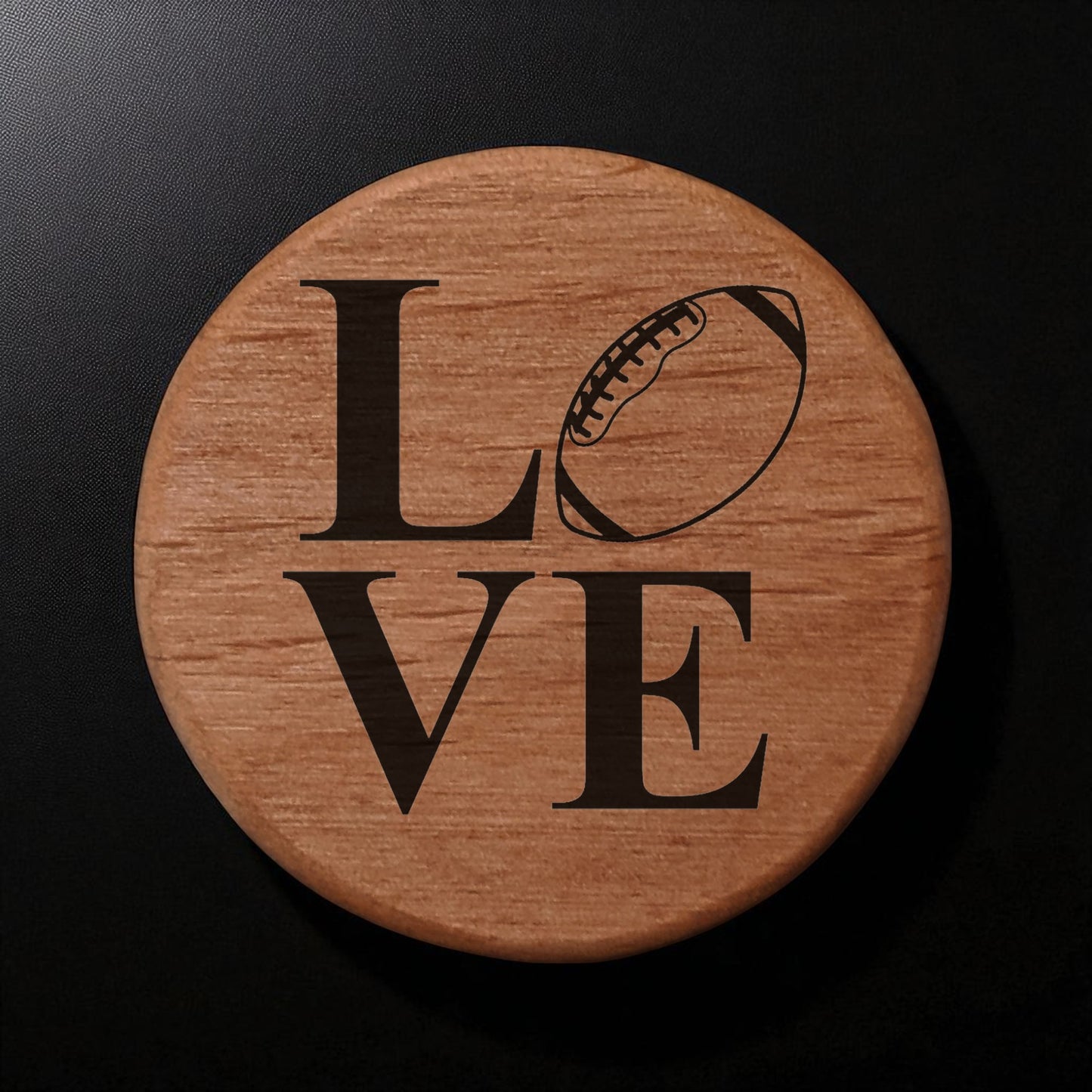 Love Football Bottle Opener - 3" Round Alder Wood with Metal Insert & Magnets - Perfect for Fridge, Kegerator, BBQ Grill - Laser Engraved Sports Design Gift