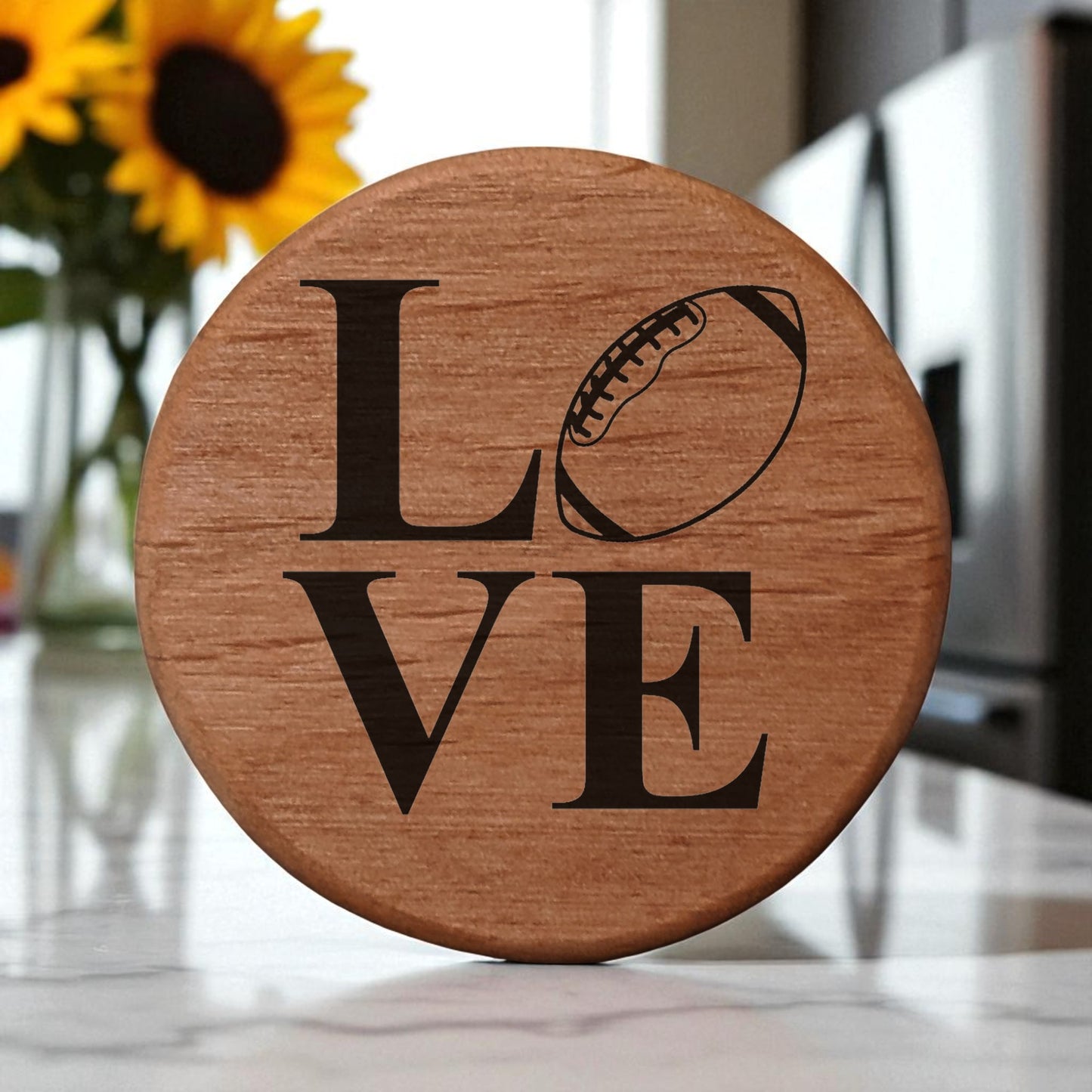 Love Football Bottle Opener - 3" Round Alder Wood with Metal Insert & Magnets - Perfect for Fridge, Kegerator, BBQ Grill - Laser Engraved Sports Design Gift