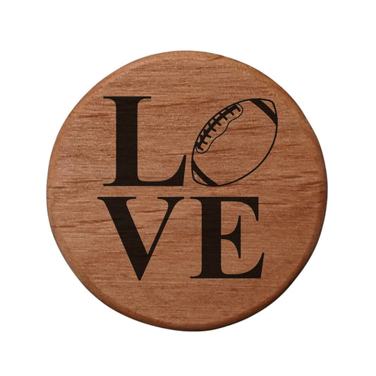 Love Football Bottle Opener - 3" Round Alder Wood with Metal Insert & Magnets - Perfect for Fridge, Kegerator, BBQ Grill - Laser Engraved Sports Design Gift