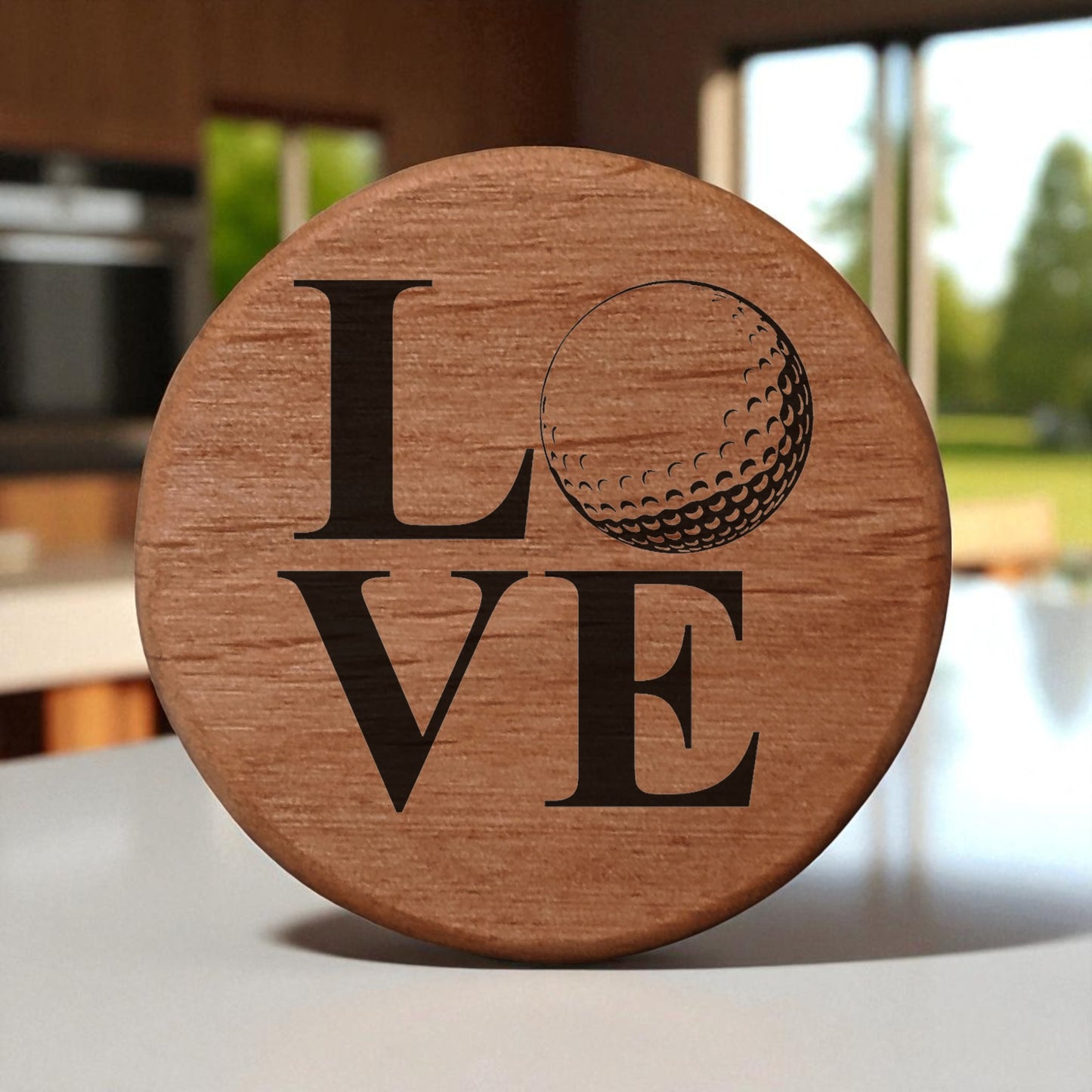 Love Golf Ball Alder Wood Bottle Opener - 3" Round Magnetic Beer Opener with Metal Insert - Perfect for Fridge, Kegerator, BBQ Grill - Laser Engraved Golf Gift