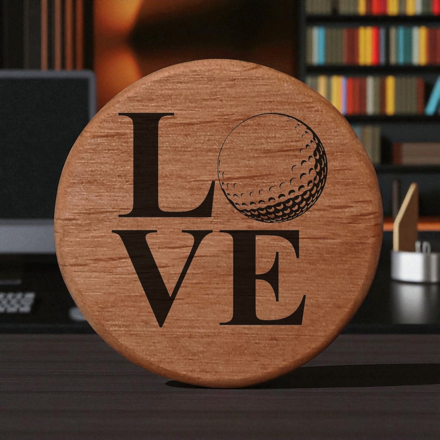 Love Golf Ball Alder Wood Bottle Opener - 3" Round Magnetic Beer Opener with Metal Insert - Perfect for Fridge, Kegerator, BBQ Grill - Laser Engraved Golf Gift
