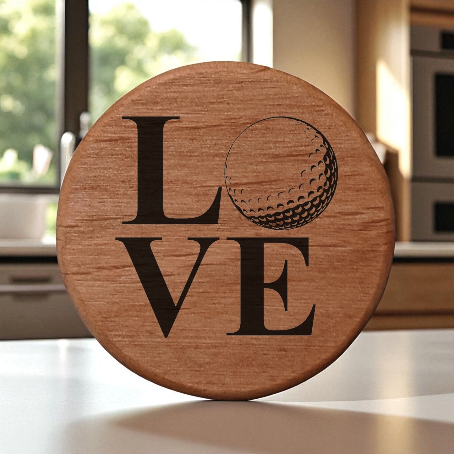 Love Golf Ball Alder Wood Bottle Opener - 3" Round Magnetic Beer Opener with Metal Insert - Perfect for Fridge, Kegerator, BBQ Grill - Laser Engraved Golf Gift