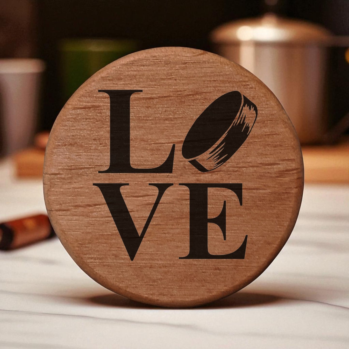 Love Hockey Puck Alder Wood Bottle Opener - 3" Round Magnetic Beer Opener with Metal Insert for Fridge Kegerator BBQ Grill - Laser Engraved Hockey Fan Gift
