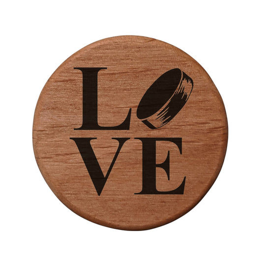 Love Hockey Puck Alder Wood Bottle Opener - 3" Round Magnetic Beer Opener with Metal Insert for Fridge Kegerator BBQ Grill - Laser Engraved Hockey Fan Gift