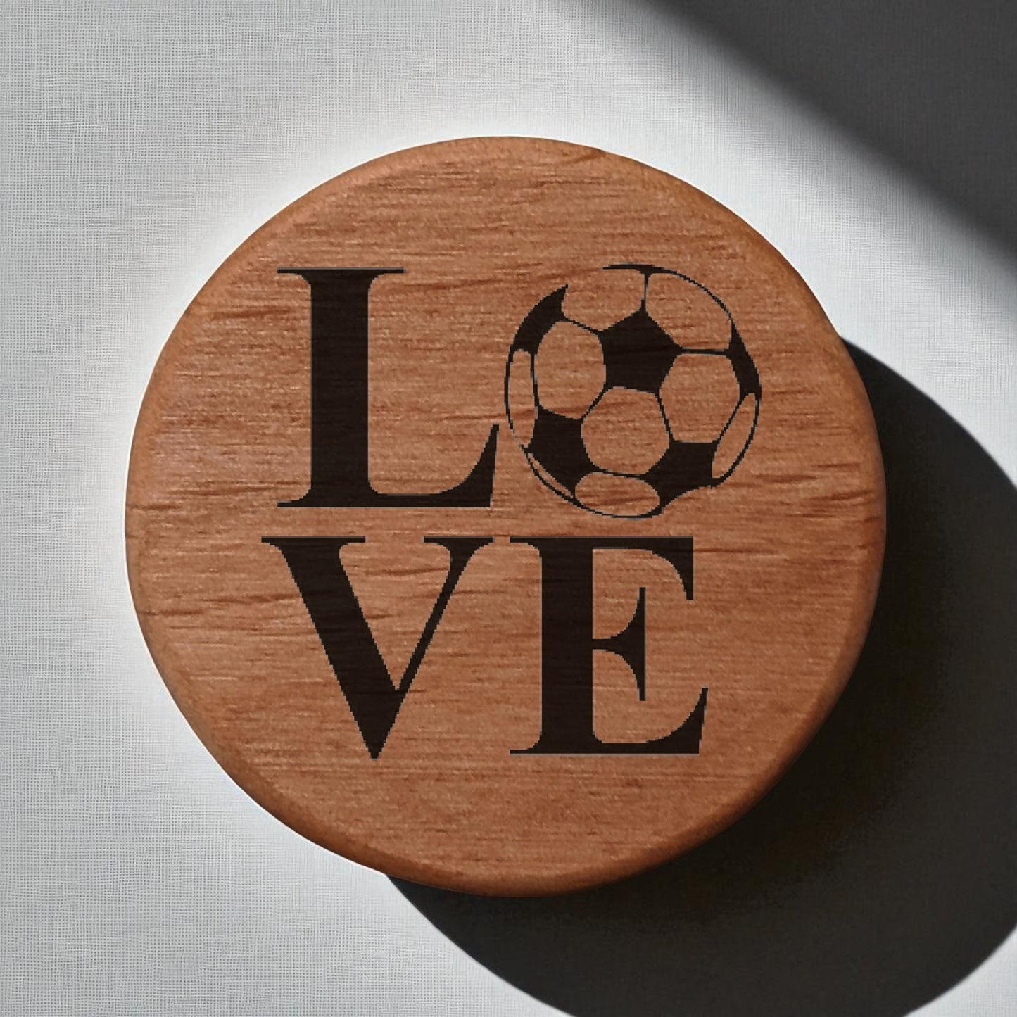 Love Soccer Ball Bottle Opener - 3" Round Alder Wood with Metal Insert & Magnets for Fridge, Kegerator, BBQ Grill - Perfect Gift for Soccer Fans & Beer Lovers
