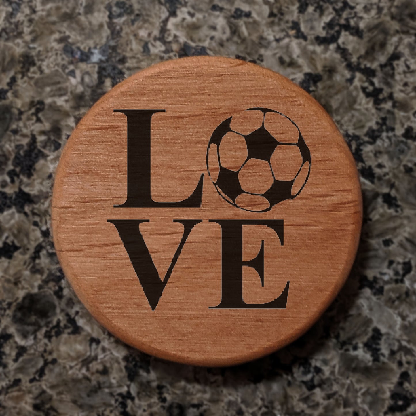 Love Soccer Ball Bottle Opener - 3" Round Alder Wood with Metal Insert & Magnets for Fridge, Kegerator, BBQ Grill - Perfect Gift for Soccer Fans & Beer Lovers