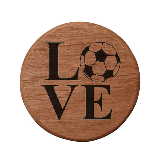 Love Soccer Ball Bottle Opener - 3" Round Alder Wood with Metal Insert & Magnets for Fridge, Kegerator, BBQ Grill - Perfect Gift for Soccer Fans & Beer Lovers