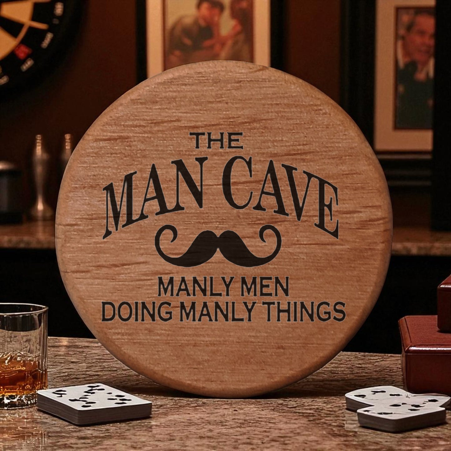The Man Cave Alder Wood Bottle Opener - 3" Round Magnetic Beer Opener with Handlebar Mustache Design for Fridge, Kegerator, BBQ Grill - Perfect Man Cave Gift