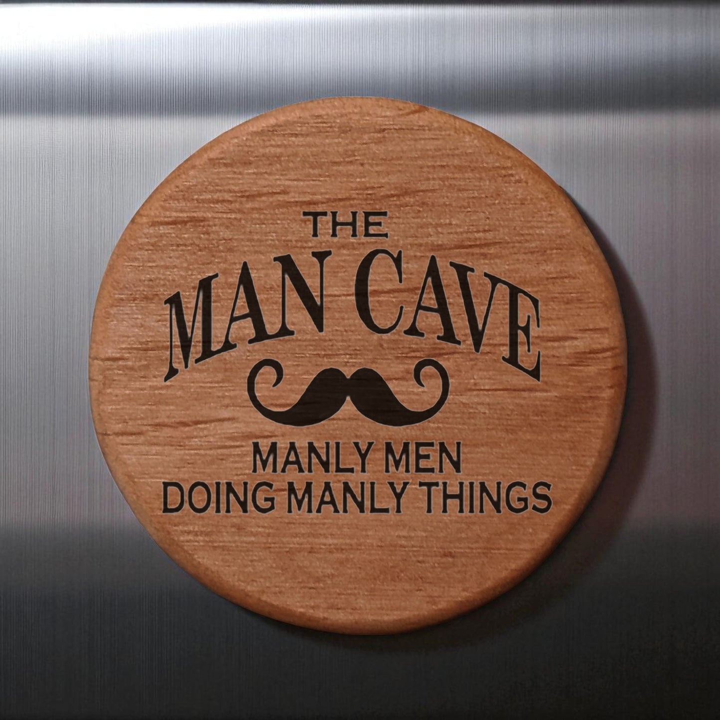 The Man Cave Alder Wood Bottle Opener - 3" Round Magnetic Beer Opener with Handlebar Mustache Design for Fridge, Kegerator, BBQ Grill - Perfect Man Cave Gift