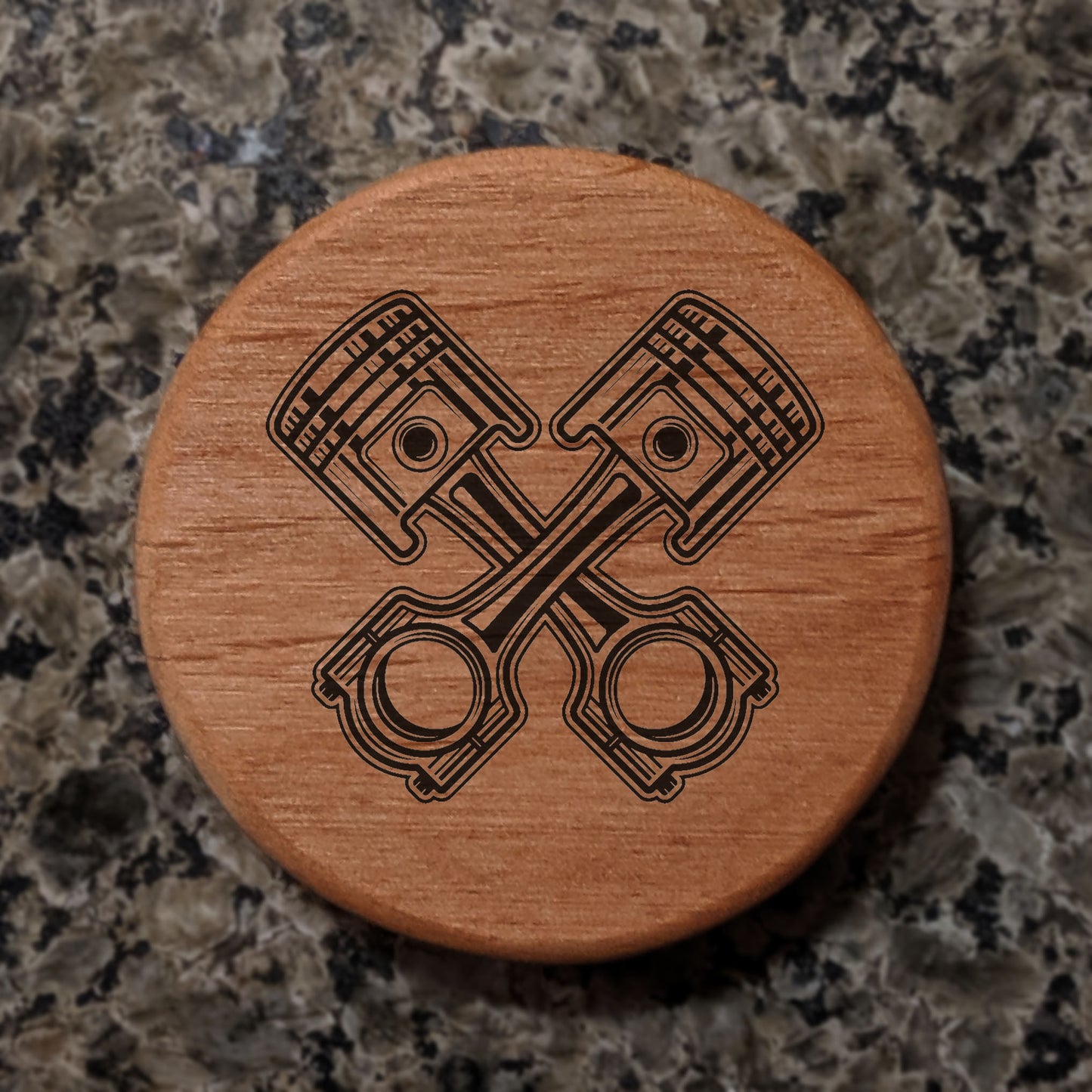 Alder Wood Bottle Opener 3" Round Magnetic Beer Opener with Crossed Automotive Pistons Design - Fridge Magnet Bottle Opener for Car Enthusiasts BBQ Grill Kitchen