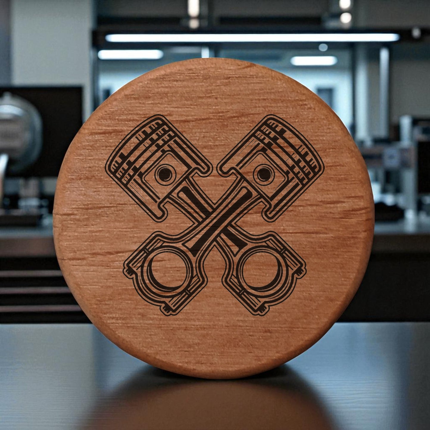 Alder Wood Bottle Opener 3" Round Magnetic Beer Opener with Crossed Automotive Pistons Design - Fridge Magnet Bottle Opener for Car Enthusiasts BBQ Grill Kitchen