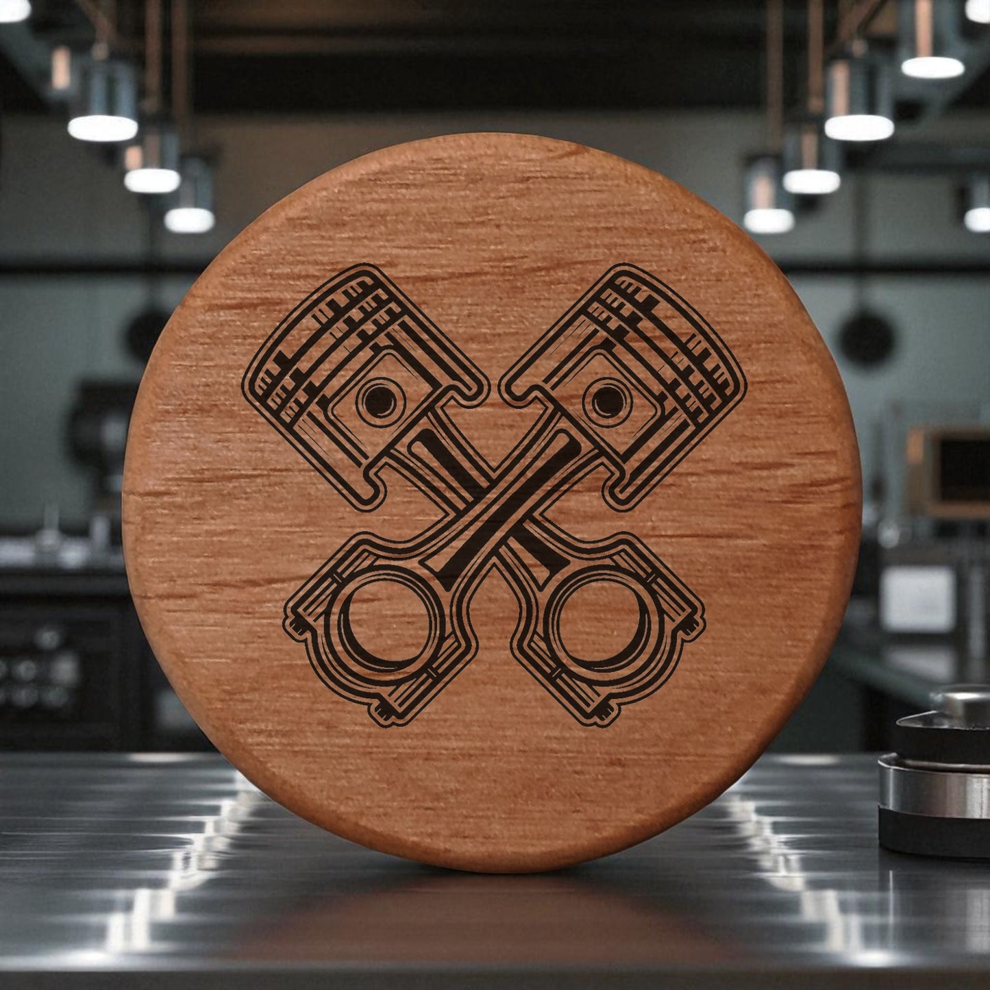 Alder Wood Bottle Opener 3" Round Magnetic Beer Opener with Crossed Automotive Pistons Design - Fridge Magnet Bottle Opener for Car Enthusiasts BBQ Grill Kitchen