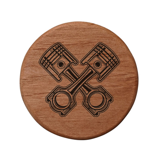 Alder Wood Bottle Opener 3" Round Magnetic Beer Opener with Crossed Automotive Pistons Design - Fridge Magnet Bottle Opener for Car Enthusiasts BBQ Grill Kitchen