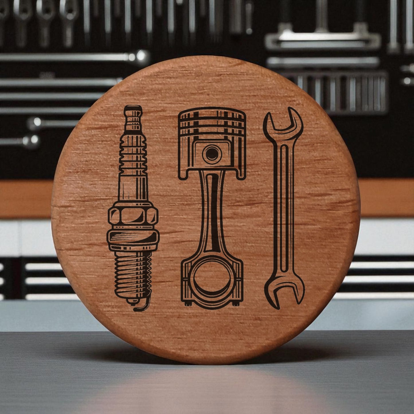 Alder Wood Bottle Opener 3" Round Magnetic Fridge Mount with Automotive Spark Plug Piston Wrench Design - Perfect for Garage Bar BBQ Grill Beer Lovers Gift