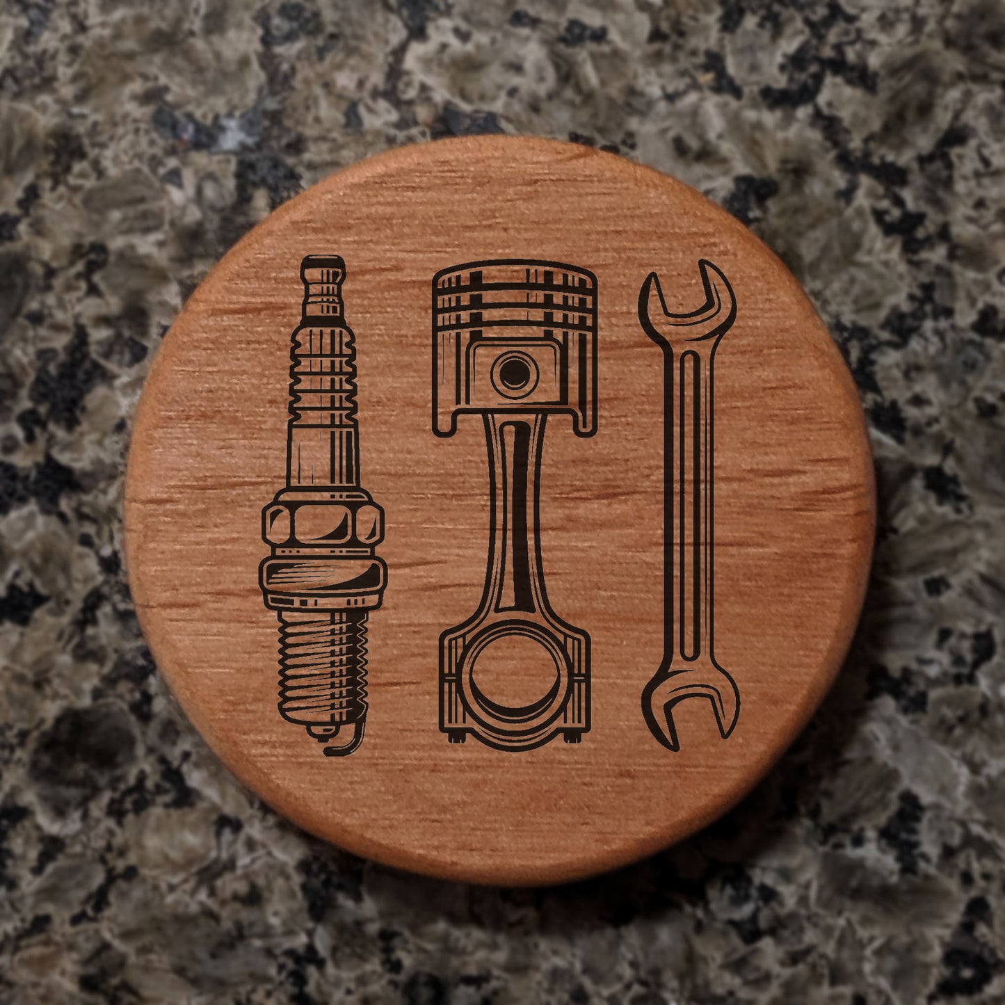 Alder Wood Bottle Opener 3" Round Magnetic Fridge Mount with Automotive Spark Plug Piston Wrench Design - Perfect for Garage Bar BBQ Grill Beer Lovers Gift