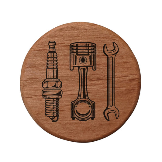 Alder Wood Bottle Opener 3" Round Magnetic Fridge Mount with Automotive Spark Plug Piston Wrench Design - Perfect for Garage Bar BBQ Grill Beer Lovers Gift