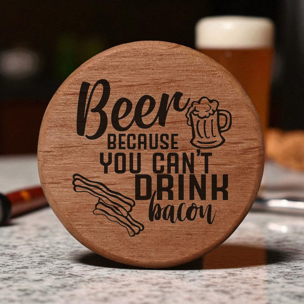 Beer & Bacon Wooden Bottle Opener - 3" Round Alder Wood with Magnets for Fridge, Kegerator, BBQ Grill - Funny Beer Lover Gift with Laser Engraved Design
