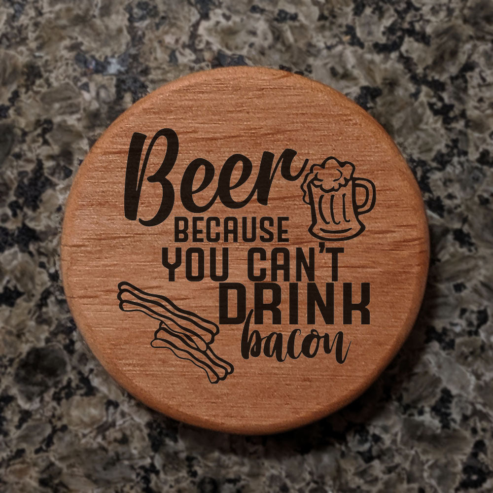Beer & Bacon Wooden Bottle Opener - 3" Round Alder Wood with Magnets for Fridge, Kegerator, BBQ Grill - Funny Beer Lover Gift with Laser Engraved Design