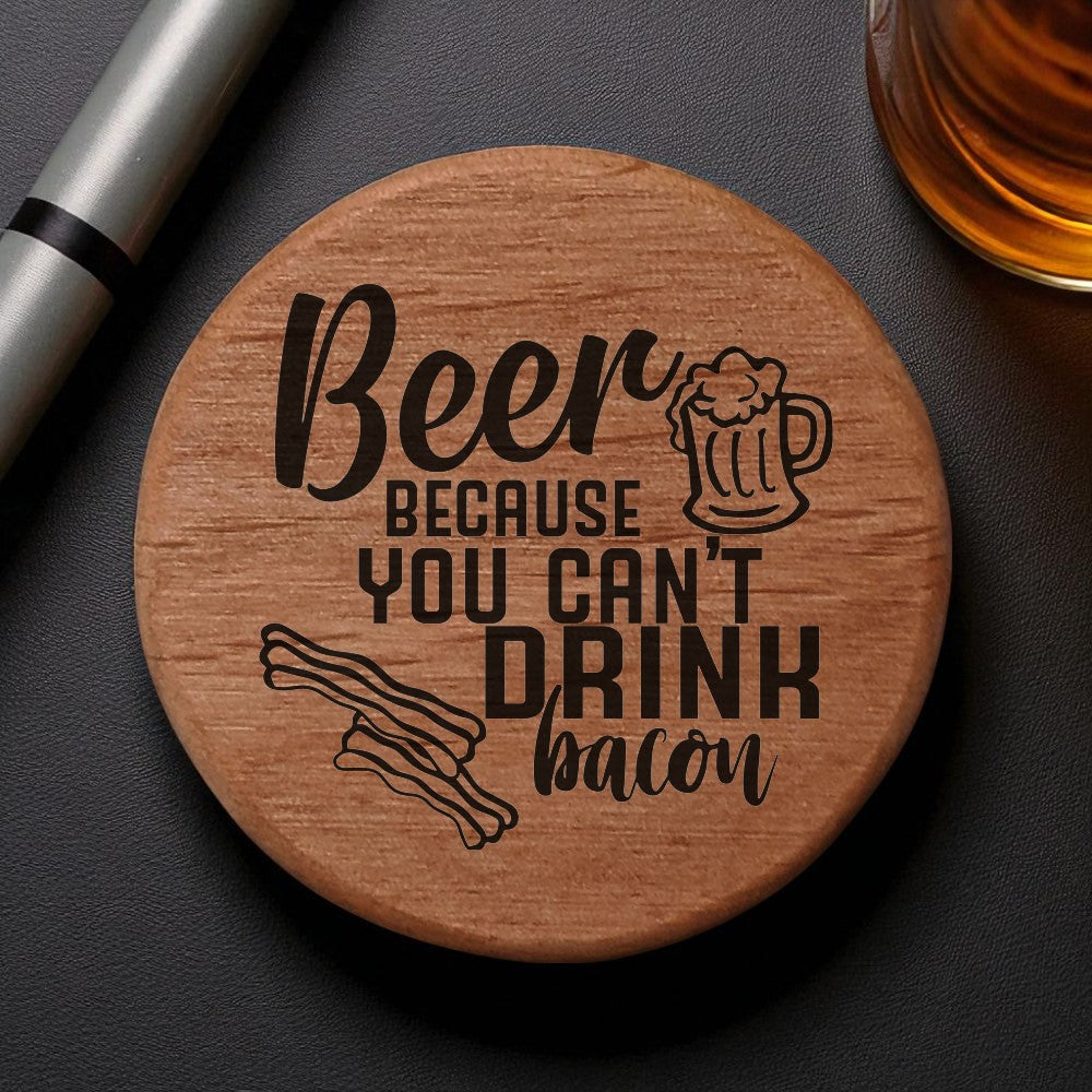 Beer & Bacon Wooden Bottle Opener - 3" Round Alder Wood with Magnets for Fridge, Kegerator, BBQ Grill - Funny Beer Lover Gift with Laser Engraved Design