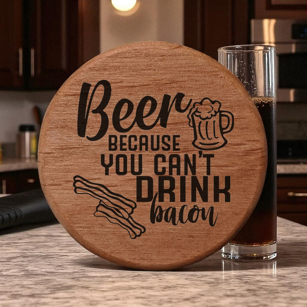 Beer & Bacon Wooden Bottle Opener - 3" Round Alder Wood with Magnets for Fridge, Kegerator, BBQ Grill - Funny Beer Lover Gift with Laser Engraved Design