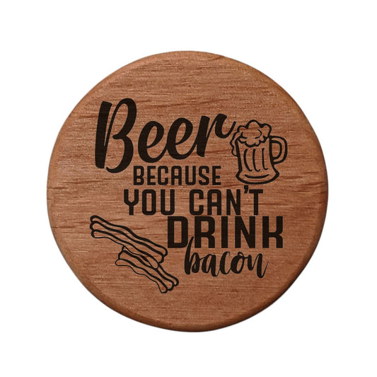 Beer & Bacon Wooden Bottle Opener - 3" Round Alder Wood with Magnets for Fridge, Kegerator, BBQ Grill - Funny Beer Lover Gift with Laser Engraved Design
