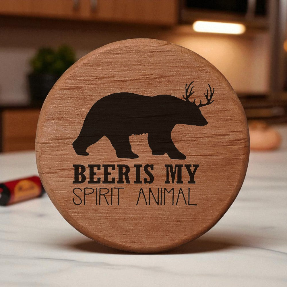Beer Spirit Animal Bottle Opener - 3" Round Alder Wood with Metal Insert & Magnets - Bear Antler Design - Perfect for Fridge, Kegerator, BBQ Grill - Fun Bar Accessory