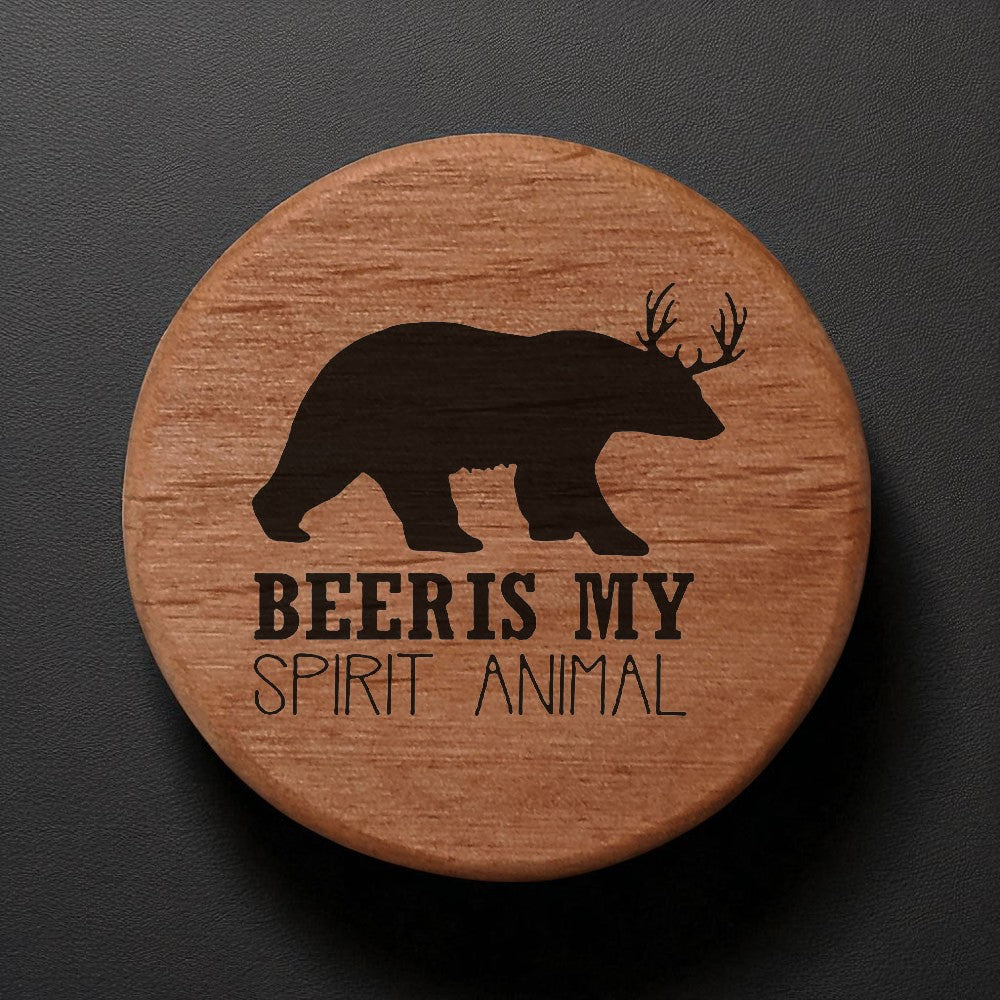 Beer Spirit Animal Bottle Opener - 3" Round Alder Wood with Metal Insert & Magnets - Bear Antler Design - Perfect for Fridge, Kegerator, BBQ Grill - Fun Bar Accessory