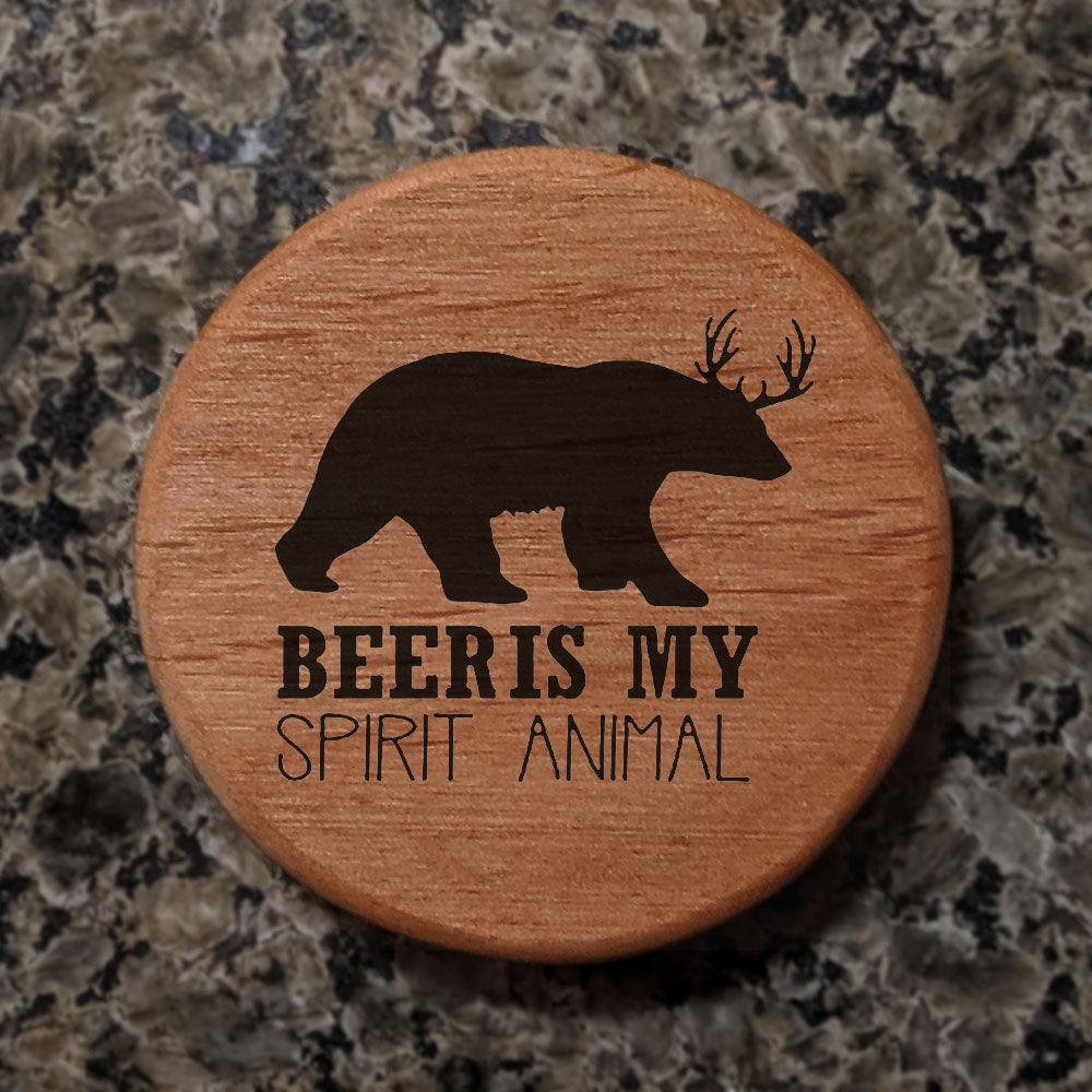 Beer Spirit Animal Bottle Opener - 3" Round Alder Wood with Metal Insert & Magnets - Bear Antler Design - Perfect for Fridge, Kegerator, BBQ Grill - Fun Bar Accessory