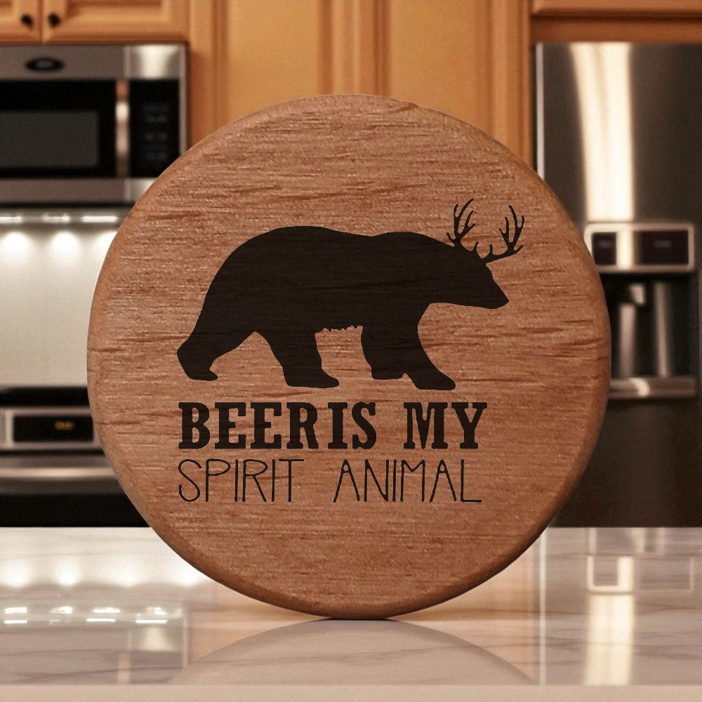 Beer Spirit Animal Bottle Opener - 3" Round Alder Wood with Metal Insert & Magnets - Bear Antler Design - Perfect for Fridge, Kegerator, BBQ Grill - Fun Bar Accessory