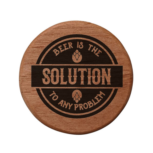 Alder Wood Bottle Opener 3" Round Magnetic Beer Opener with Metal Insert - Laser Engraved "Beer is the Solution" - Fridge Magnet for Kitchen BBQ Grill