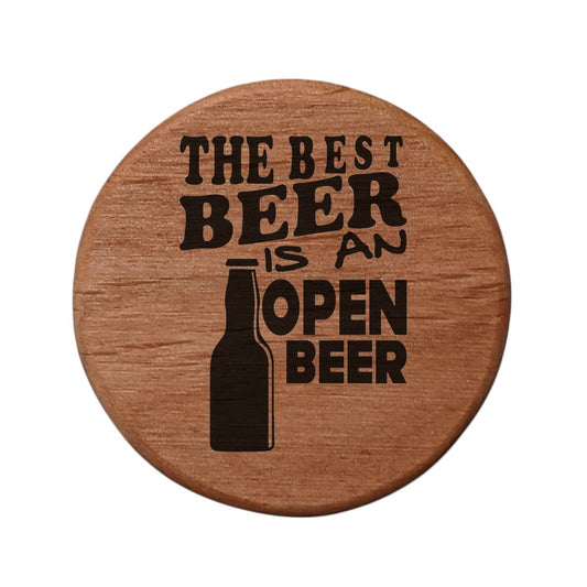 Alder Wood Bottle Opener - 3" Round Magnetic Beer Opener with Metal Insert & Rare Earth Magnets for Fridge, Kegerator, BBQ Grill - "Best Beer is Open Beer" Design