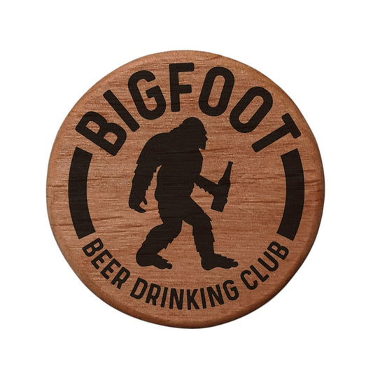 Bigfoot Beer Drinking Club Alder Wood Bottle Opener - 3" Round Magnetic Fridge Mount with Metal Insert - Perfect for Kitchen, BBQ Grill, Kegerator - Fun Sasquatch Design