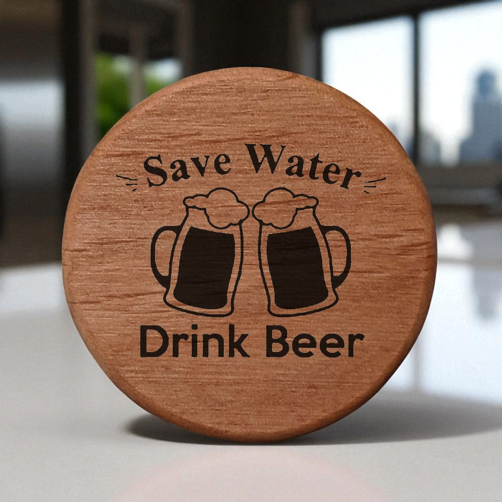 Alder Wood Bottle Opener - 3" Round Magnetic Beer Opener with Save Water Drink Beer Design - Fridge Magnet Bottle Opener for Kitchen BBQ Grill Kegerator Bar