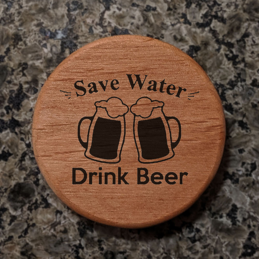 Alder Wood Bottle Opener - 3" Round Magnetic Beer Opener with Save Water Drink Beer Design - Fridge Magnet Bottle Opener for Kitchen BBQ Grill Kegerator Bar