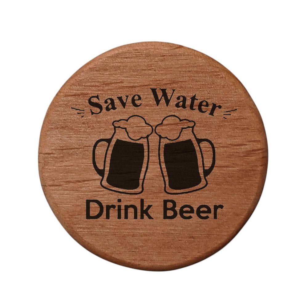 Alder Wood Bottle Opener - 3" Round Magnetic Beer Opener with Save Water Drink Beer Design - Fridge Magnet Bottle Opener for Kitchen BBQ Grill Kegerator Bar