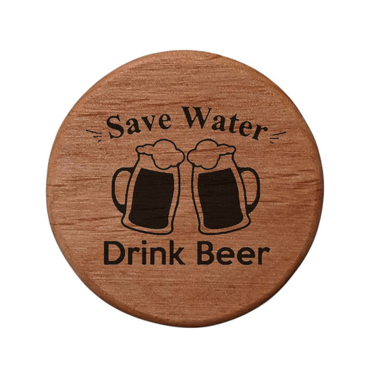 Alder Wood Bottle Opener - 3" Round Magnetic Beer Opener with Save Water Drink Beer Design - Fridge Magnet Bottle Opener for Kitchen BBQ Grill Kegerator Bar