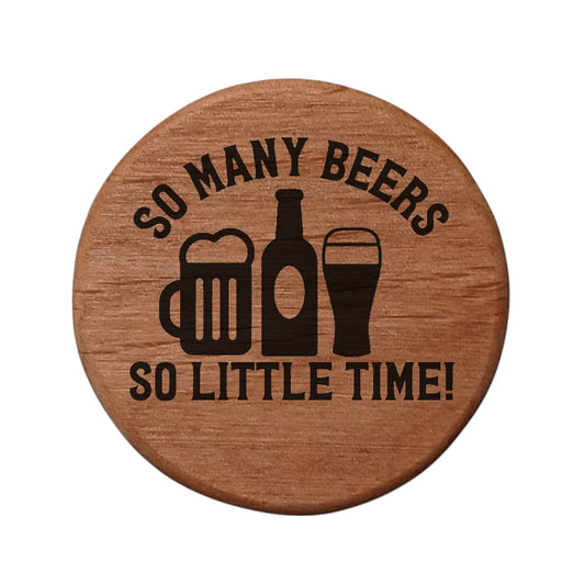 Alder Wood Bottle Opener - 3" Round Magnetic Beer Opener with Metal Insert & Rare Earth Magnets for Fridge, Kegerator, BBQ Grill - Laser Engraved "So Many Beers"