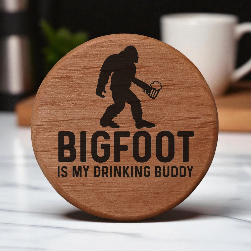 Bigfoot Drinking Buddy Wooden Bottle Opener - 3" Round Alder Wood with Magnets for Fridge, Kegerator, BBQ Grill - Laser Engraved Beer Opener Gift