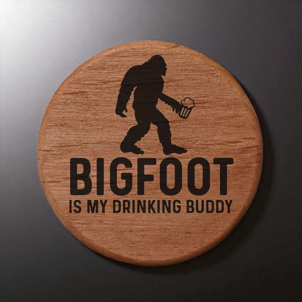 Bigfoot Drinking Buddy Wooden Bottle Opener - 3" Round Alder Wood with Magnets for Fridge, Kegerator, BBQ Grill - Laser Engraved Beer Opener Gift