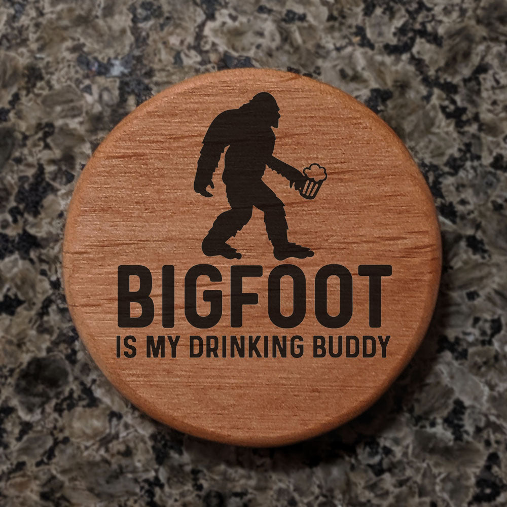 Bigfoot Drinking Buddy Wooden Bottle Opener - 3" Round Alder Wood with Magnets for Fridge, Kegerator, BBQ Grill - Laser Engraved Beer Opener Gift