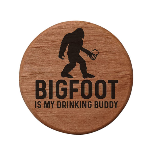 Bigfoot Drinking Buddy Wooden Bottle Opener - 3" Round Alder Wood with Magnets for Fridge, Kegerator, BBQ Grill - Laser Engraved Beer Opener Gift