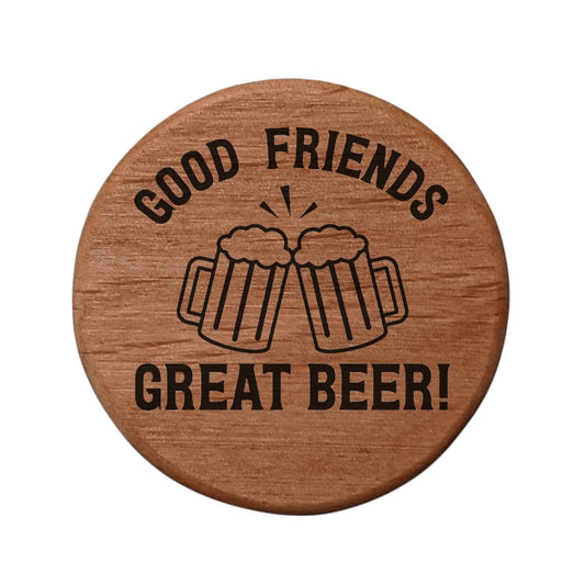 Alder Wood Bottle Opener - 3" Round Magnetic Beer Opener with Cheers Design - Good Friends Great Beer Engraved - Fridge Magnet for Kitchen BBQ Grill Kegerator