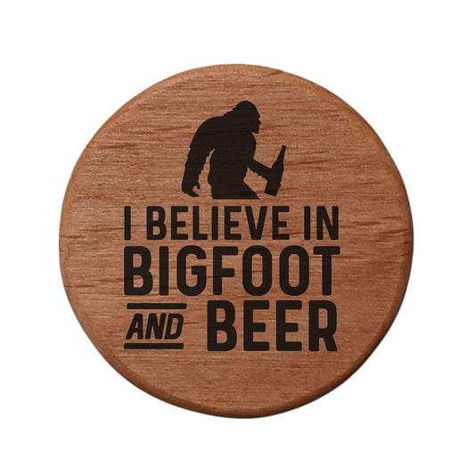 Bigfoot Beer Bottle Opener - 3" Round Alder Wood with Magnets for Fridge, Kegerator, BBQ Grill - Laser Engraved "I Believe in Bigfoot and Beer" - Funny Gift