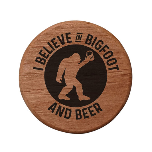 Bigfoot Beer Bottle Opener - 3" Round Alder Wood with Magnets for Fridge, Kegerator, BBQ Grill - Laser Engraved "I Believe in Bigfoot and Beer" Design - Perfect Gift