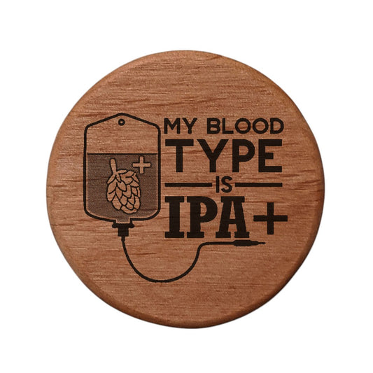 Alder Wood Bottle Opener - 3" Round Magnetic Beer Opener with IPA+ Blood Type Design - Fridge Magnet Bottle Opener for Kitchen Bar BBQ Grill - Funny Beer Gift