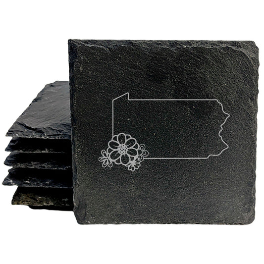 Rustic Slate Coasters Set of 4 - Pennsylvania State Outline Design with Flower | 4" Round or Square | Natural Chipped Edge, Rubber Feet | Perfect Gift for Holidays, Birthdays | Made in Oregon, USA