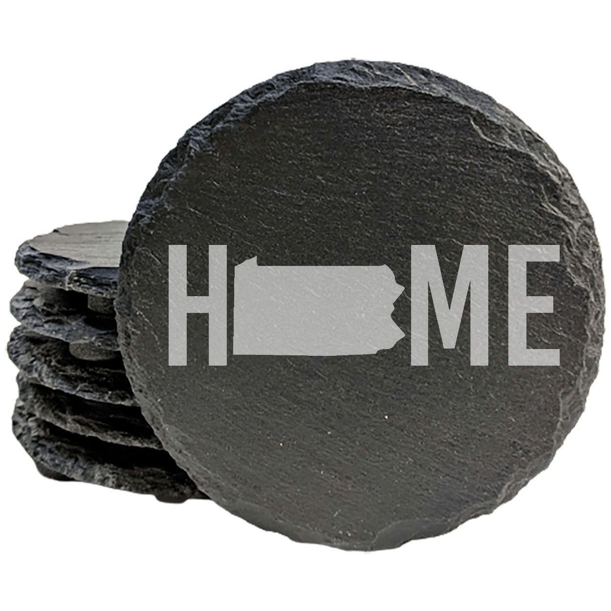 Rustic Slate Coasters Set of 4 - Laser Etched 'HOME' Design with Pennsylvania State - Perfect Gift for Holidays, Birthdays, Housewarming - 4" Round, Natural Chipped Edge, Made in Oregon, USA