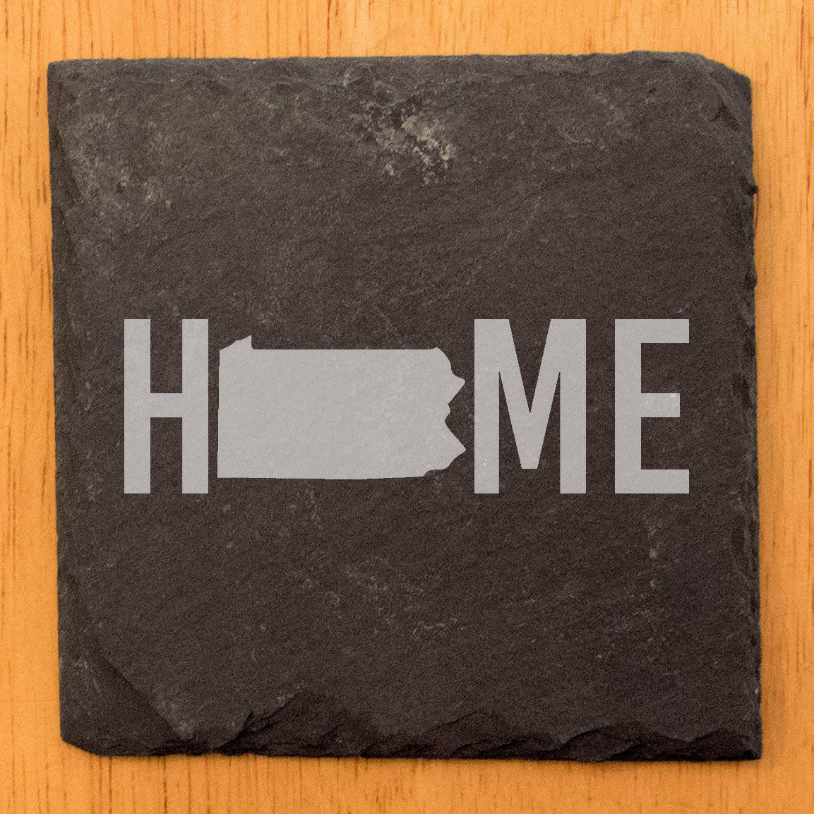 Rustic Slate Coasters Set of 4 - Laser Etched 'HOME' Design with Pennsylvania State - Perfect Gift for Holidays, Birthdays, Housewarming - 4" Round, Natural Chipped Edge, Made in Oregon, USA