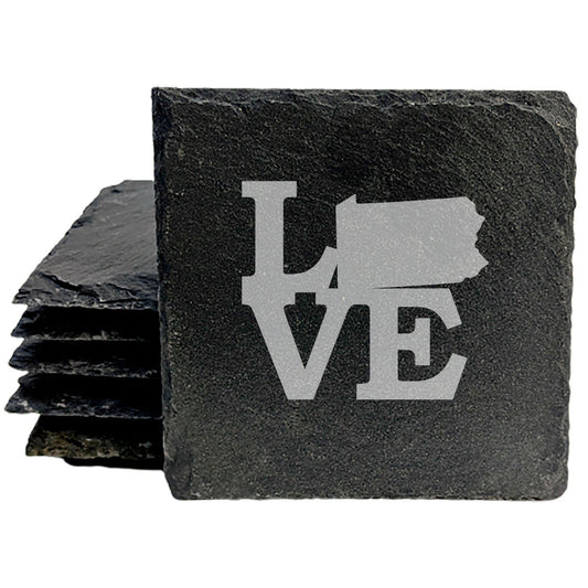Rustic Slate Coasters Set of 4, Round 4" with 'LOVE' Pennsylvania Design, Perfect Gift for Holidays, Birthdays, Housewarming, She-Shed, Man Cave, Made in Oregon, USA, Natural Chipped Edge